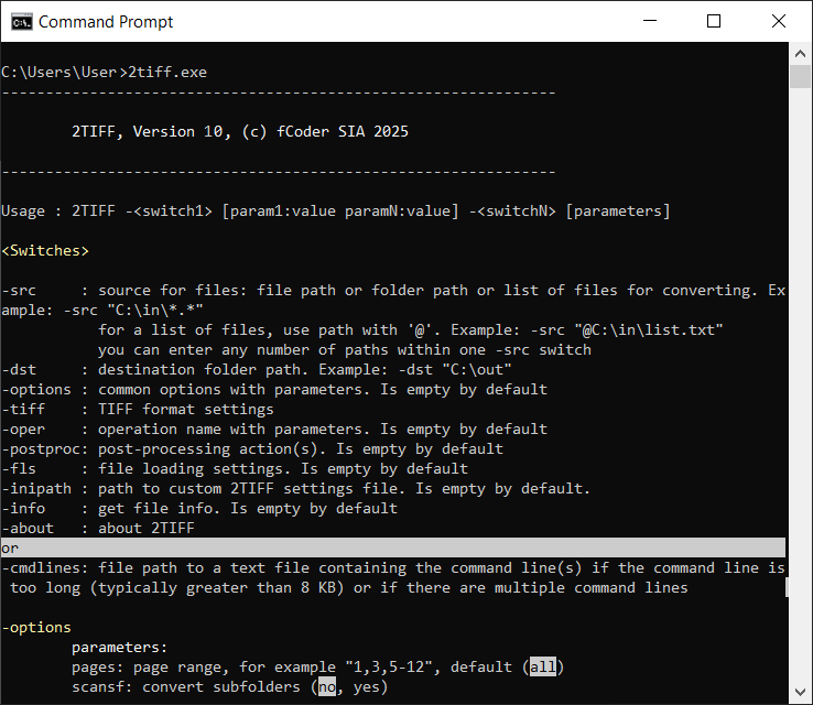 2TIFF prompt with command line syntax and examples