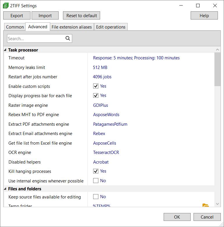 Default 2TIFF Settings